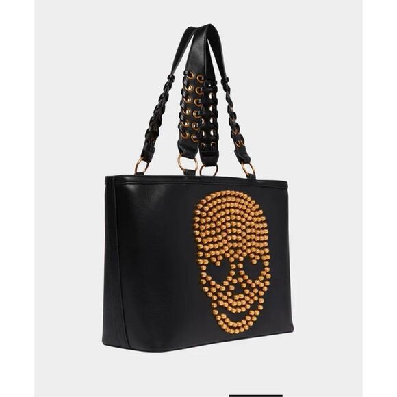 Betsey Johnson nwt kitsch THICK SKULLED TOTE BLACK bag skull stud rivet - Picture 3 of 14